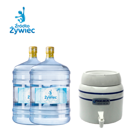 Pakiet wody źródlanej Źródło Żywiec SZYBKI START z mini barem składa się z 2 butli po 18,9l i mini baru