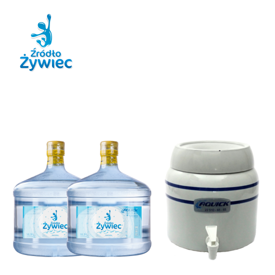 Pakiet wody źródlanej Źródło Żywiec SZYBKI START Mini z mini barem składa się z 2 butli po 11l i mini baru