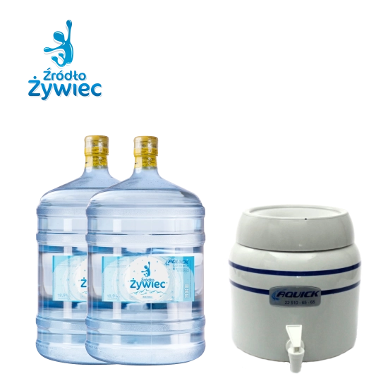 Pakiet wody źródlanej Źródło Żywiec SZYBKI START z mini barem składa się z 2 butli po 18,9l i mini baru