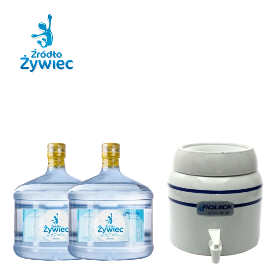 Pakiet wody źródlanej Źródło Żywiec SZYBKI START Mini z mini barem składa się z 2 butli po 11l i mini baru